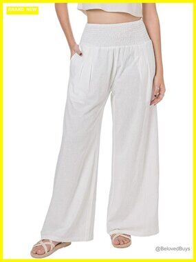 Women Summer Flowy Cotton Linen Palazzo Wide Leg Pants Beach High Waisted